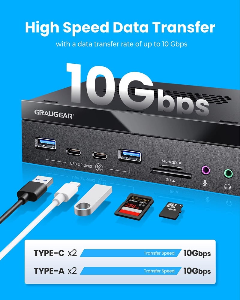 GRAUGEAR 5.25 Inch 10Gbps USB 3.2 PC Front Panel Card Reader with Audio Ports, SD/microSD Internal Card Reader, USB3.2 Type-E Key-A 20-Pin Header & USB3.0 Header & 15-Pin SATA Power Connector Required - Image 2